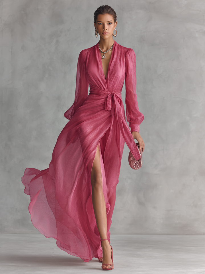 Aurea - Vestido rosa com decote em V